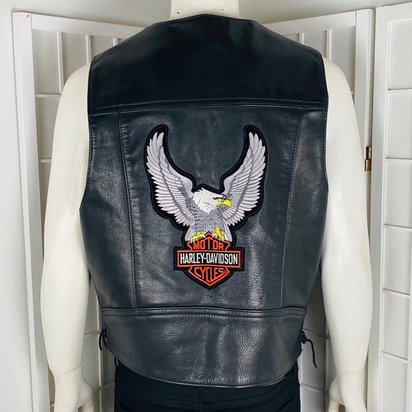 Vintage US Made Co.Harley Davidson Mens Leather Vest w/Buffalo Coin Buttons, XL. - Picture 2 of 5